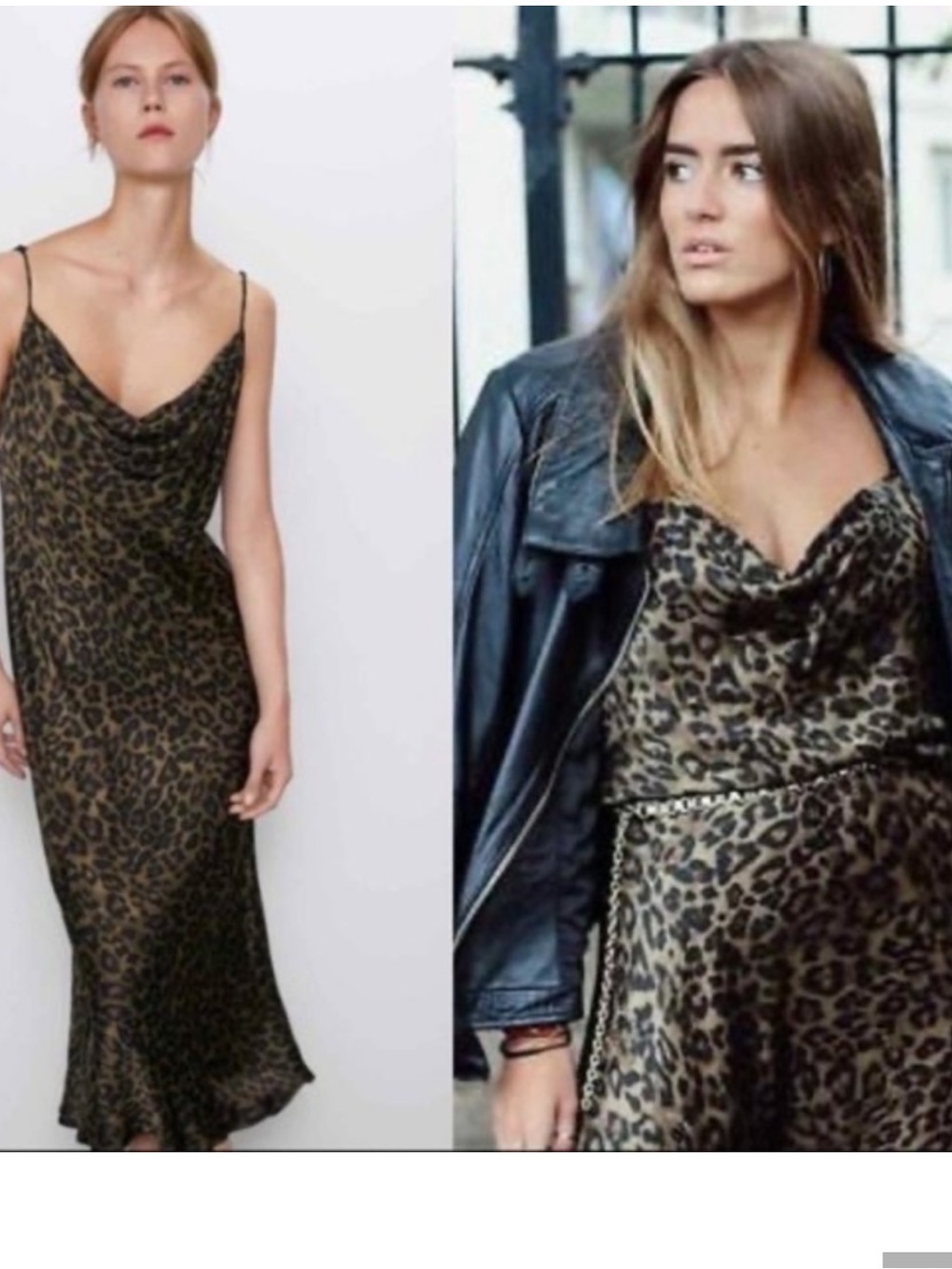 ZARA | Leopard Print Satin Slip Midi Dress Cowl Neck | Sz Large